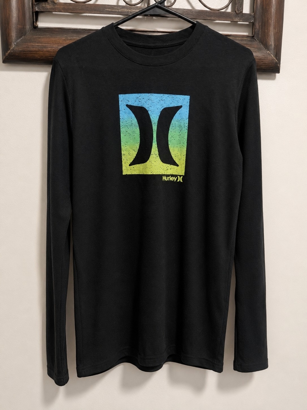 Hurley Black Long Sleeve Tee with Blue-Green Gradient Logo